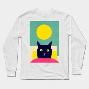 Waking Up Cat Retro Poster Vintage Art Illustration Wall Turquoise Pink Illustration Long Sleeve T-Shirt